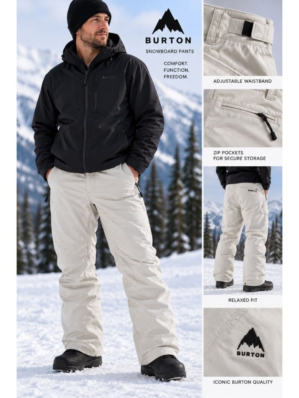 Burton Universe snowboard pants off white relaxed outerwear waistband Size L